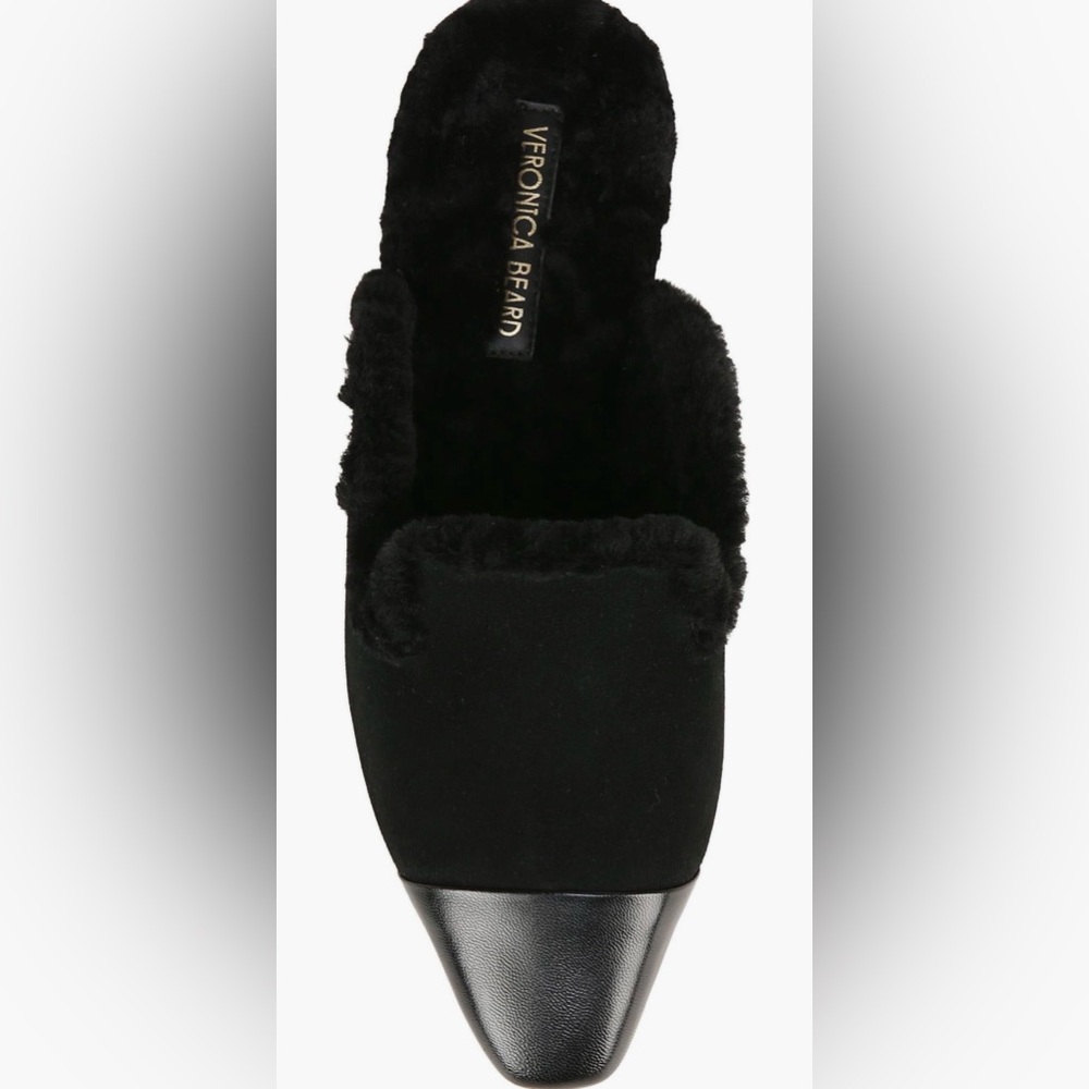 Veronica Beard Black Shearling-Trim Leather Cap-Toe Mules - Picture 4 of 15